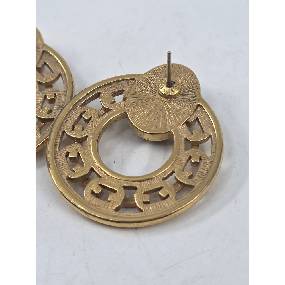 Vintage Gold Tone Door Knocker Earrings Gray Faux Stone Cabochon Greek Key Studs - Picture 5 of 6